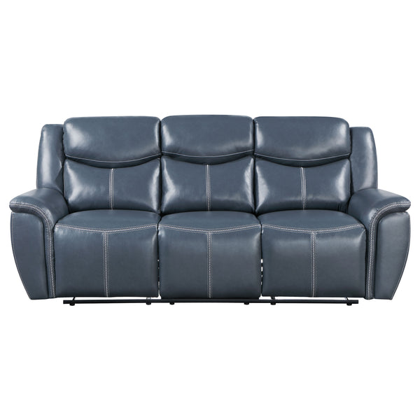 English Elm Stanwicke Blue 2-Piece Reclining Sofa Set with Loveseat Console, Faux Leather, Contrast Stitching, Pillowtop Arms for Ultimate Comfort B062S01275