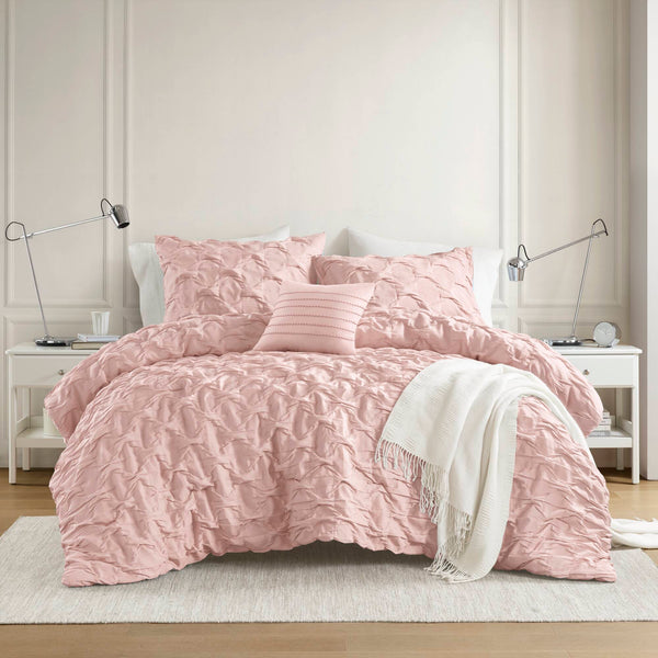 JLA Home Comfort Spaces - Diamond Ruched Ogee Pleat Comforter Set — Crinkle Texture, OEKO‑TEX Certified, Lightweight All‑Season Cozy Elegance Pink AM10-0533