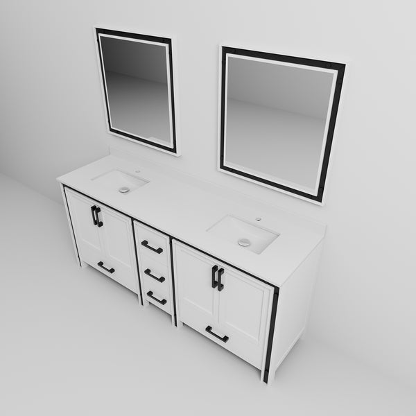 English Elm White Double Bath Vanity 80" W x 22" D with White Quartz Top, Soft-Close Drawers, 30" Mirrors, Ample Storage B2731S00916