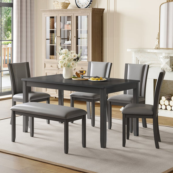 English Elm 6-Piece Modern Dining Table Set For 6 - Stylish Grey Wooden Table, Bench & Upholstered Chairs W1998S00066