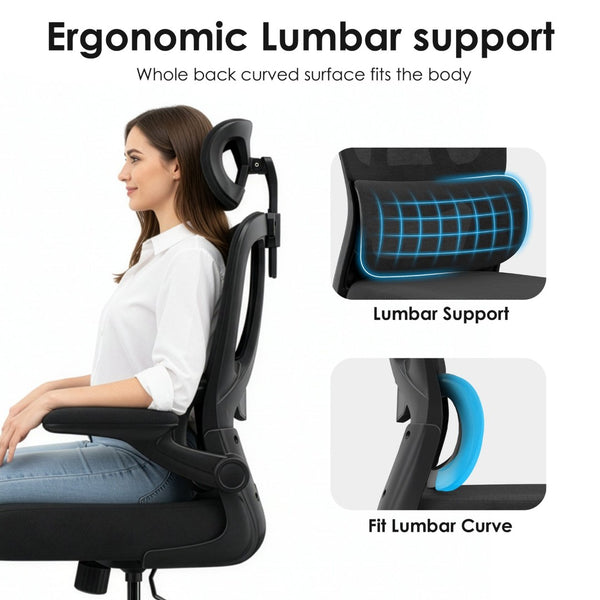 English Elm Ergonomic Mesh High Back Desk Chair with Lumbar Support Flip up Arms and Headrest Black T3623P434266