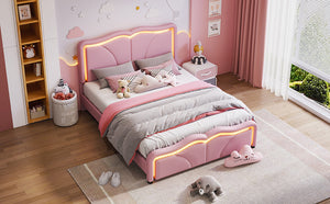 English Elm Full Full Size Upholstered Platform Bed in Pink with Curved Headboard, 3-Height Adjust, LED Strips, Sturdy Frame WF323749AAH
