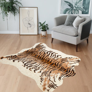 Homeroots 4' X 5' Brown And Black Faux Fur Tiger Print Shag Area Rug  Faux Fur 332249