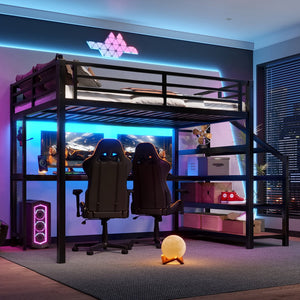 English Elm Full Loft Bed With Integrated Desk, Storage Stairs, Led Lights & Usb Ports For Modern Spaces W1580S00478