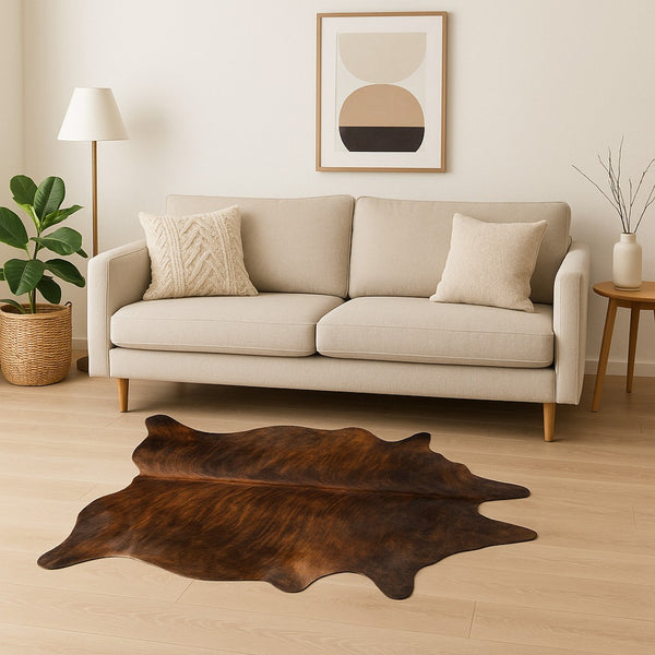 HomeRoots 5' X 7' Cowhide Print Area Rug - Rustic Elegance, Low Pile Durability for Modern Living Spaces Dark Brindle 332273