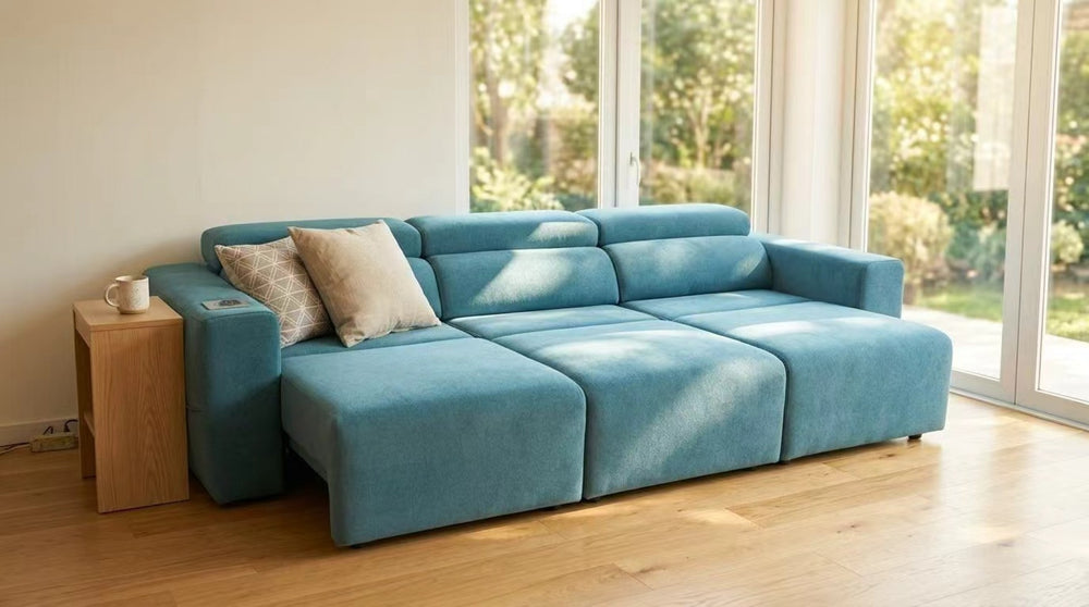English Elm Power Reclining Sofa with Bluetooth Speakers Wireless Charging and Smart Home Theater Seating Blue W3795S00009