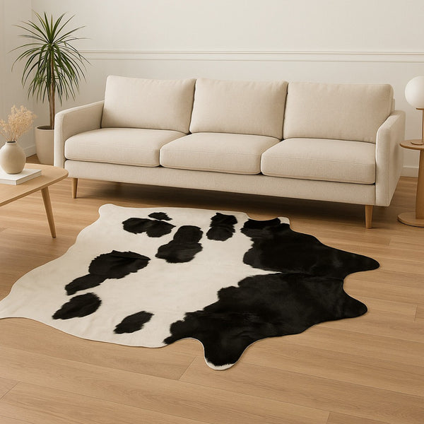 HomeRoots 6' X 7' Cowhide Print Area Rug – Luxurious Texture, Durable Design for Modern Living Spaces, Easy Care White/Black 332276