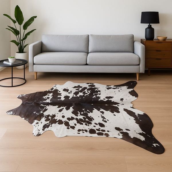 HomeRoots 6' X 7' Cowhide Print Area Rug – Luxurious Texture, Durable Design for Modern Living Spaces, Easy Care White/Chocolate 332278