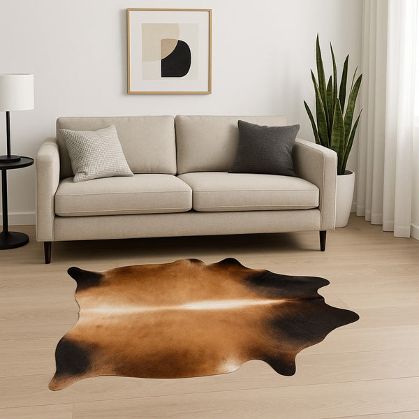 HomeRoots 5' X 7' Cowhide Print Area Rug - Rustic Elegance, Low Pile Durability for Modern Living Spaces Tan 332279
