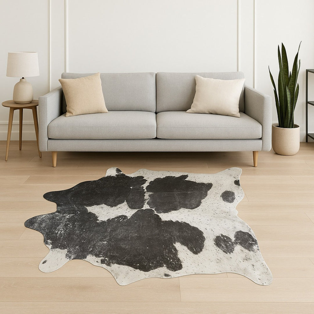 HomeRoots 6' X 7' Cowhide Print Area Rug - Modern Texture for Contemporary Spaces, Durable & Unique Design Silver/Black/White 332284