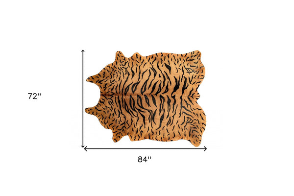 HomeRoots 6' Brown and Black Cowhide Tiger Print Area Rug - Bold Texture for Modern Living Spaces, 72"x84" 332285