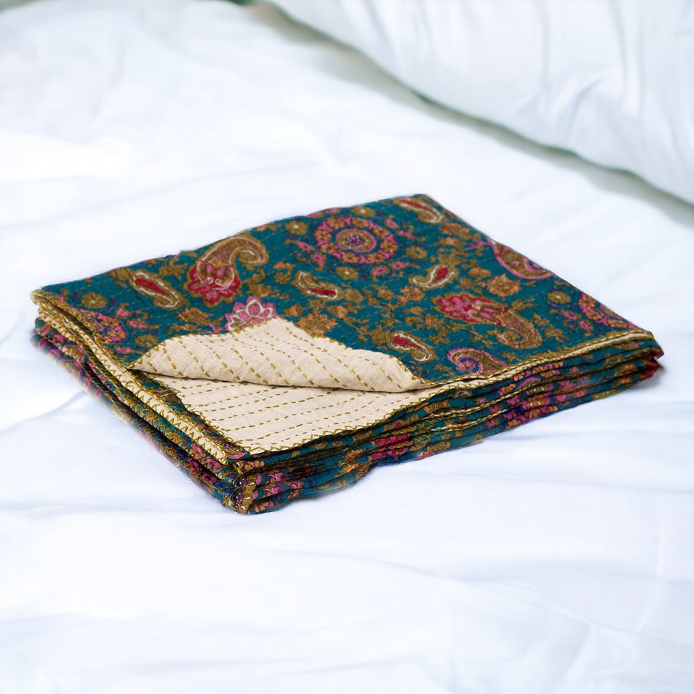 HomeRoots 50" Vibrant Kantha Paisley Throw Blanket - Handcrafted Embroidery for Cozy, Stylish Living Spaces Cotton - 50"x70" Grey / Blue / Red 332337