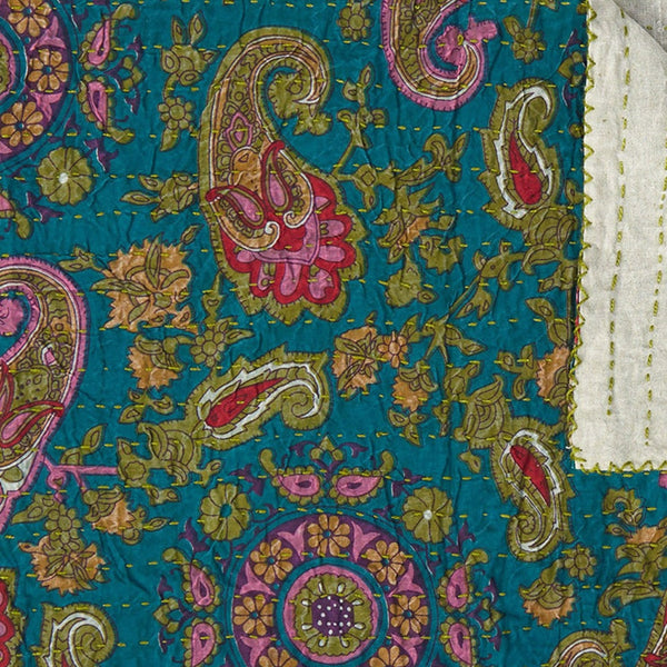 Homeroots 50" Cozy Green And Pink Kantha Paisley Throw Blanket With Beautiful Embroidery For Stylish Decor Cotton ,50"X70" Cotton 332337