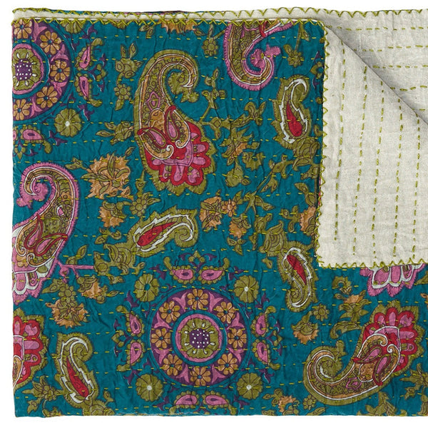 Homeroots 50" Cozy Green And Pink Kantha Paisley Throw Blanket With Beautiful Embroidery For Stylish Decor Cotton ,50"X70" Cotton 332337