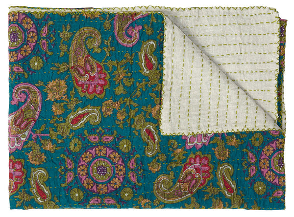 Homeroots 50" Cozy Green And Pink Kantha Paisley Throw Blanket With Beautiful Embroidery For Stylish Decor Cotton ,50"X70" Cotton 332337