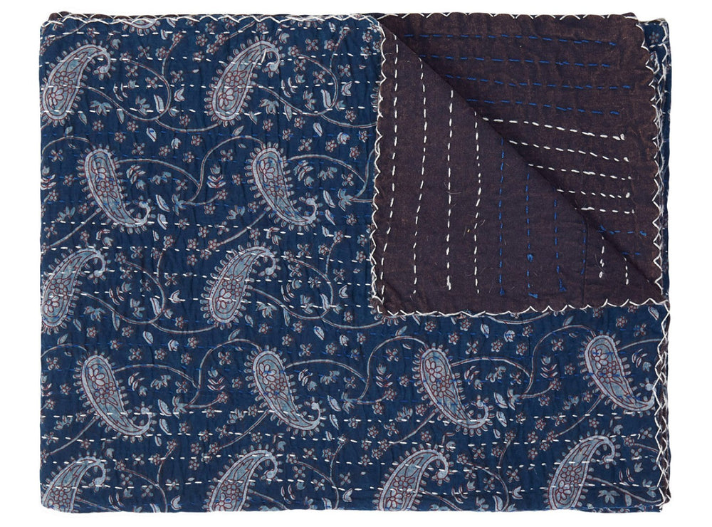 HomeRoots 50" Cozy Blue and Gray Kantha Cotton Paisley Throw Blanket with Embroidery for Stylish Comfort 332338