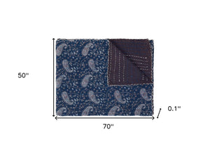 Homeroots 50" Cozy Blue And Gray Kantha Cotton Paisley Throw Blanket With Elegant Embroidery For Home Decor  Cotton 332338