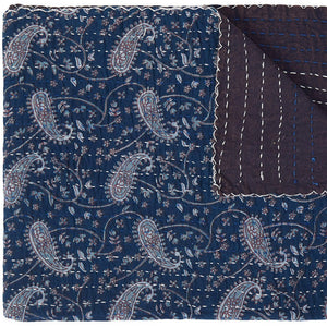 Homeroots 50" Cozy Blue And Gray Kantha Cotton Paisley Throw Blanket With Elegant Embroidery For Home Decor  Cotton 332338