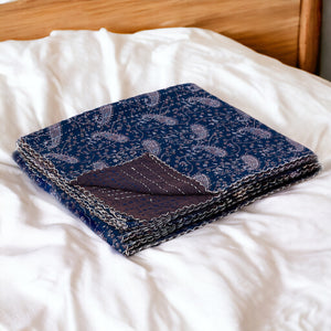 Homeroots 50" Cozy Blue And Gray Kantha Cotton Paisley Throw Blanket With Elegant Embroidery For Home Decor  Cotton 332338