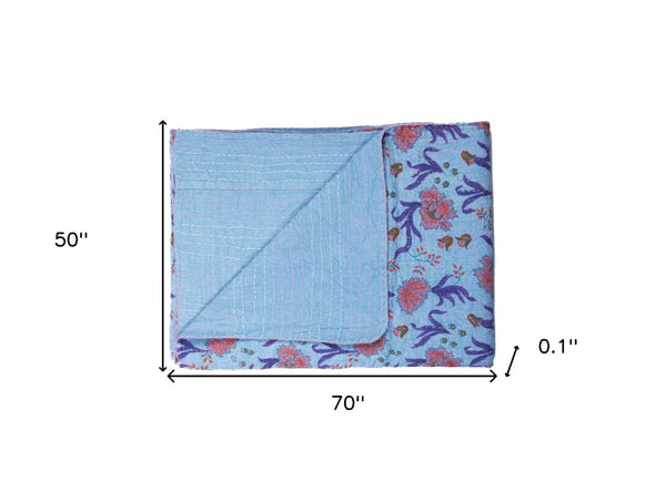 Homeroots 50" Cozy Blue And Purple Kantha Cotton Floral Throw Blanket With Embroidery For Stylish Decor Cotton ,50"X70" Cotton 332342