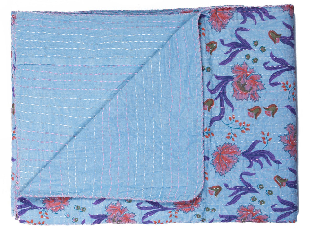 Homeroots 50" Cozy Blue And Purple Kantha Cotton Floral Throw Blanket With Embroidery For Stylish Decor Cotton ,50"X70" Cotton 332342