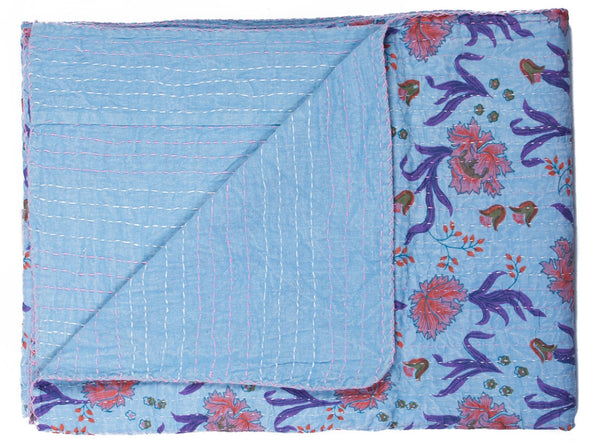 Homeroots 50" Cozy Blue And Purple Kantha Cotton Floral Throw Blanket With Embroidery For Stylish Decor Cotton ,50"X70" Cotton 332342