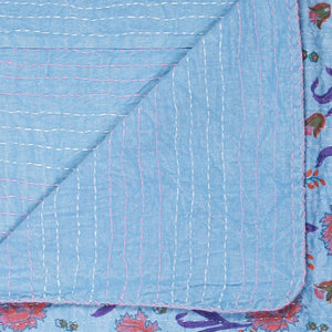 Homeroots 50" Cozy Blue And Purple Kantha Cotton Floral Throw Blanket With Embroidery For Stylish Decor Cotton ,50"X70" Cotton 332342