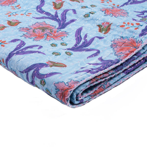 Homeroots 50" Cozy Blue And Purple Kantha Cotton Floral Throw Blanket With Embroidery For Stylish Decor Cotton ,50"X70" Cotton 332342