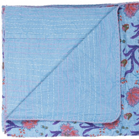 Homeroots 50" Cozy Blue And Purple Kantha Cotton Floral Throw Blanket With Embroidery For Stylish Decor Cotton ,50"X70" Cotton 332342