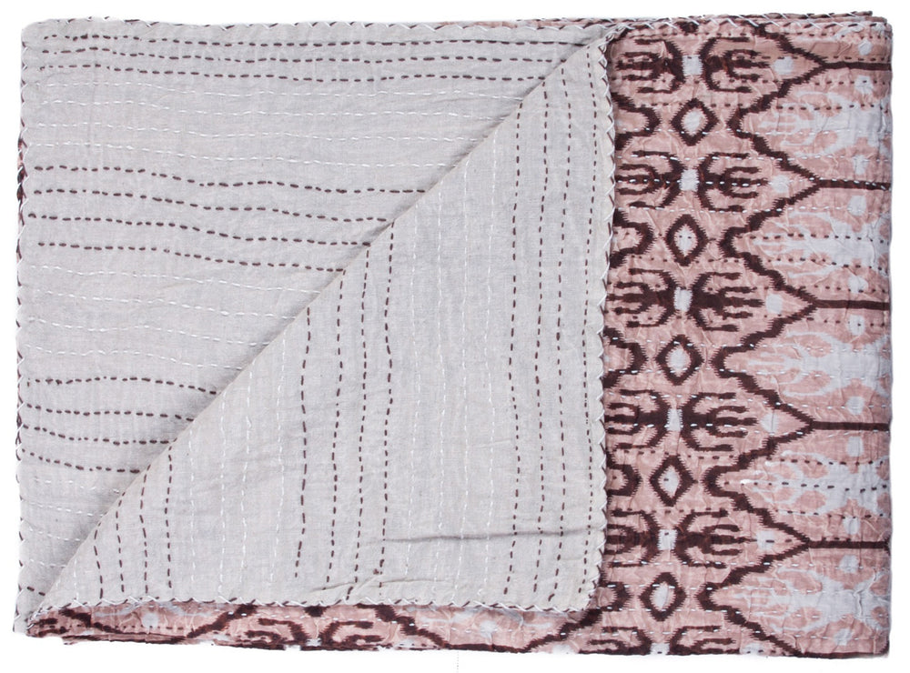 Homeroots 50" X 70" Pink And Brown Kantha Cotton Abstract Throw Blanket With Embroidery  Cotton 332343