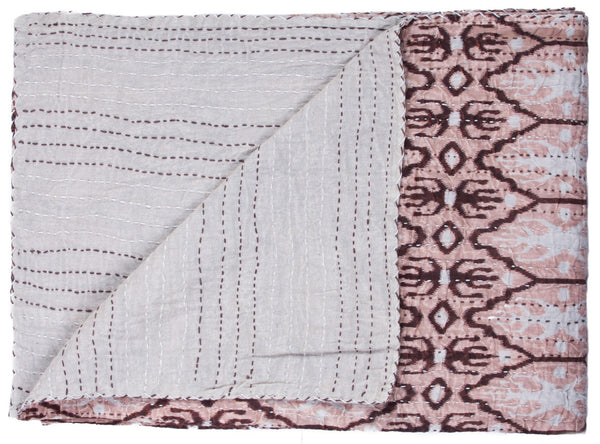 Homeroots 50" X 70" Pink And Brown Kantha Cotton Abstract Throw Blanket With Embroidery  Cotton 332343