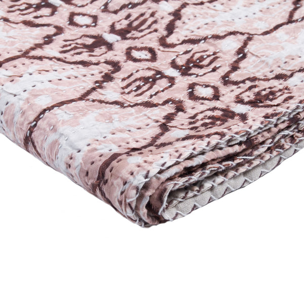 Homeroots 50" X 70" Pink And Brown Kantha Cotton Abstract Throw Blanket With Embroidery  Cotton 332343