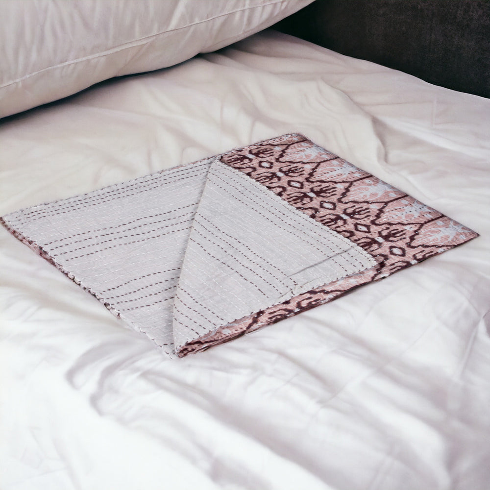 Homeroots 50" X 70" Pink And Brown Kantha Cotton Abstract Throw Blanket With Embroidery  Cotton 332343