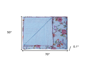 Homeroots 50" Cozy Blue And Red Kantha Cotton Floral Throw Blanket With Stunning Embroidery For Any Room Cotton ,50"X70" Cotton 332344
