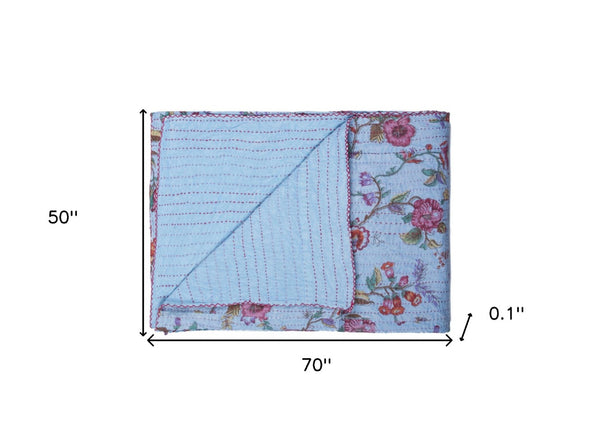 Homeroots 50" Cozy Blue And Red Kantha Cotton Floral Throw Blanket With Stunning Embroidery For Any Room Cotton ,50"X70" Cotton 332344