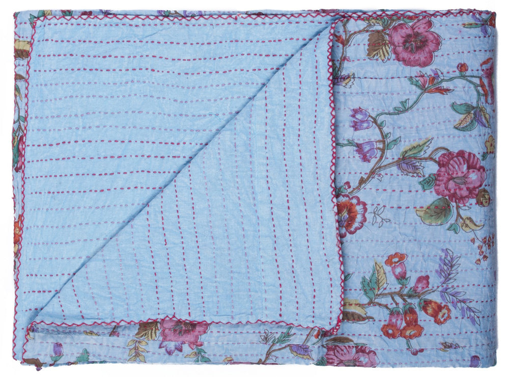 Homeroots 50" Cozy Blue And Red Kantha Cotton Floral Throw Blanket With Stunning Embroidery For Any Room Cotton ,50"X70" Cotton 332344