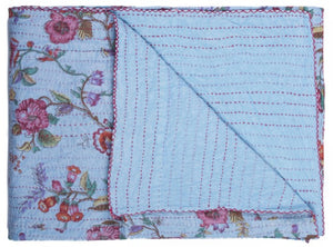 Homeroots 50" Cozy Blue And Red Kantha Cotton Floral Throw Blanket With Stunning Embroidery For Any Room Cotton ,50"X70" Cotton 332344