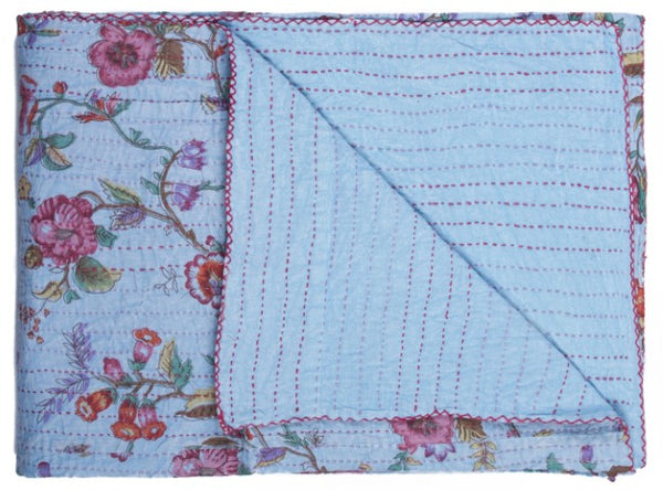 Homeroots 50" Cozy Blue And Red Kantha Cotton Floral Throw Blanket With Stunning Embroidery For Any Room Cotton ,50"X70" Cotton 332344