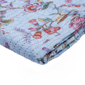 Homeroots 50" Cozy Blue And Red Kantha Cotton Floral Throw Blanket With Stunning Embroidery For Any Room Cotton ,50"X70" Cotton 332344