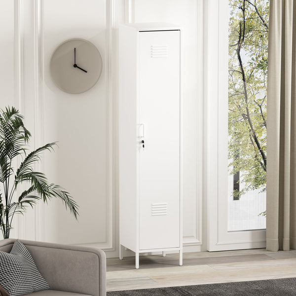 English Elm Naomi 15" Metal Storage Cabinet with Lockable Vent Door, 4 Adjustable Shelves, Slim Steel Design White B365P397850