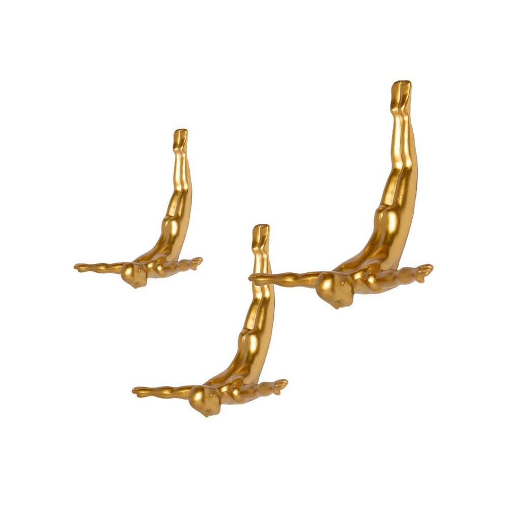 HomeRoots Set of Three Dimensional Diving Man Wall Sculptures for Modern Home Decor and Artistic Flair Gold 332362