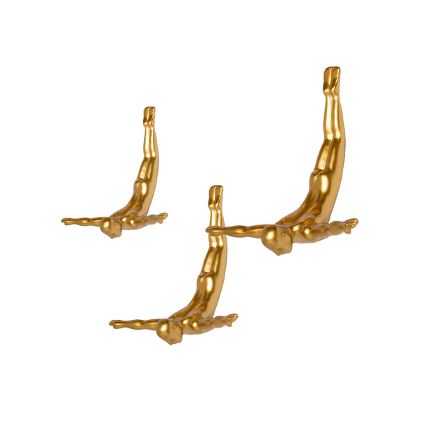 Homeroots Set Of Three 7" Gold Divers Resin Wall Decor Gold Resin 332362