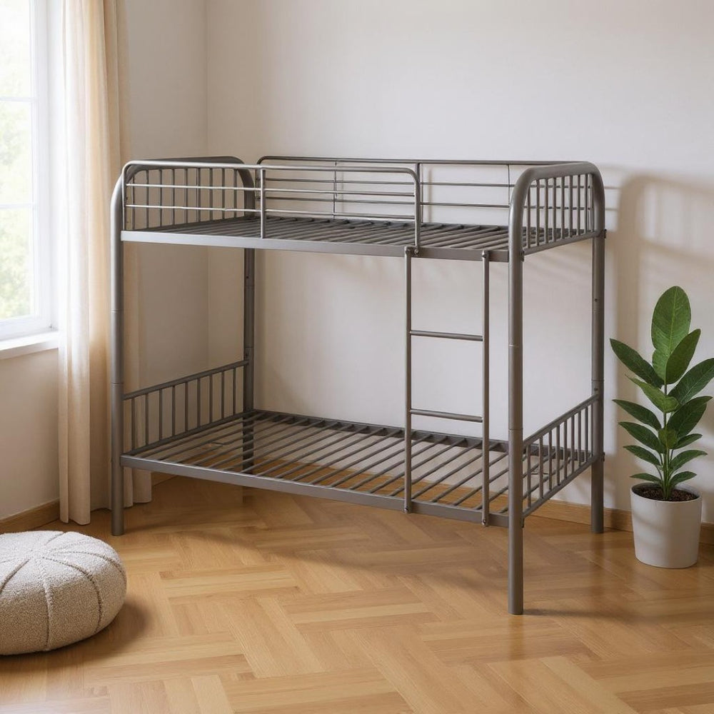 HomeRoots Gunmetal Twin Over Twin Metal Bunk Bed - Modern Space-Saving Design with Safety Features & Style 332365