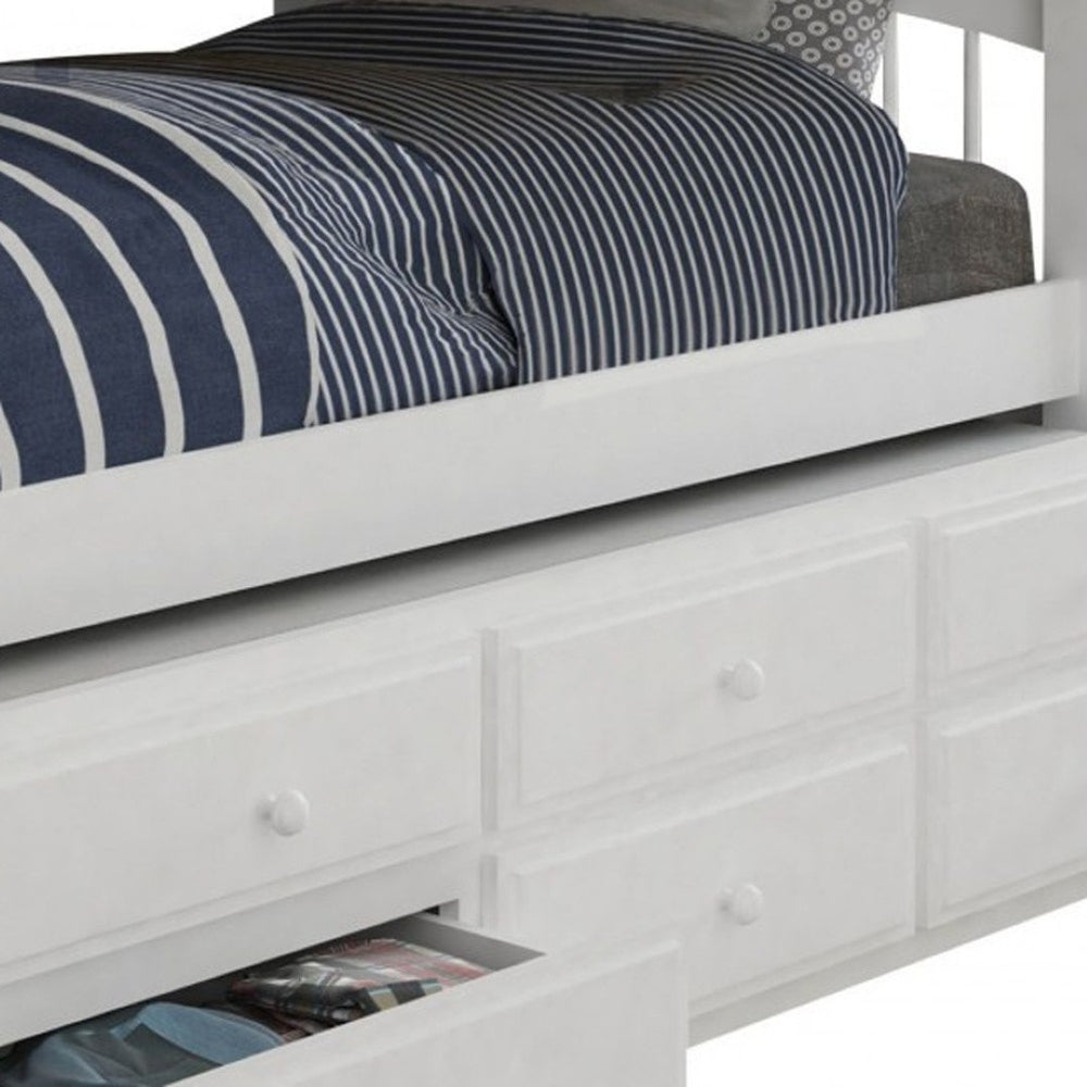 HomeRoots White Twin Solid Wood Bunk Bed with Trundle, Storage & Safety Features for Space-Saving Style 332368