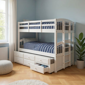 HomeRoots White Twin Solid Wood Bunk Bed with Trundle, Storage & Safety Features for Space-Saving Style 332368
