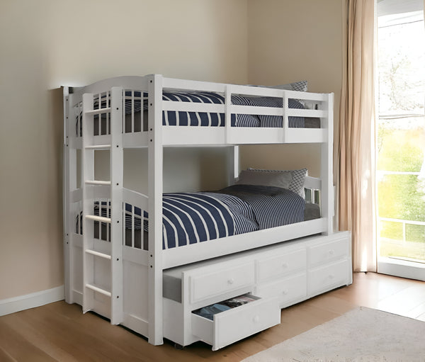 Homeroots 80" X 42" X 70" White Twin Bunk Bed  Trundle With 3 Drawers  Wood 332368