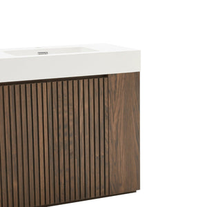 English Elm Galan Freestanding Bathroom Vanity Quartz Basin Fluted Wood Cabinet Modern Bath Walnut Brown W1865S00220