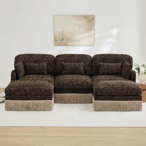 English Elm 100"comfy Chenille Leopard Print U-shaped Sectional with Tassel Trim and Modular Ottomans Brown W5656S00015