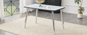 English Elm Modern Marble Look Glass Top Dining Table Slim Silver Legs Seats Six Minimalist W1151S04620