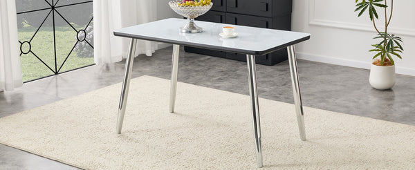 English Elm Modern Marble Look Glass Top Dining Table Slim Silver Legs Seats Six Minimalist W1151S04620